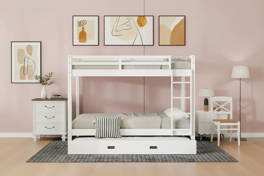 Lit superposé Queen blanc/naturel avec échelle et lit gigogne Twin XL, 3 couchages
