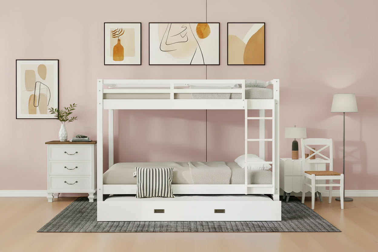 Lit superposé Queen blanc/naturel avec échelle et lit gigogne Twin XL, 3 couchages