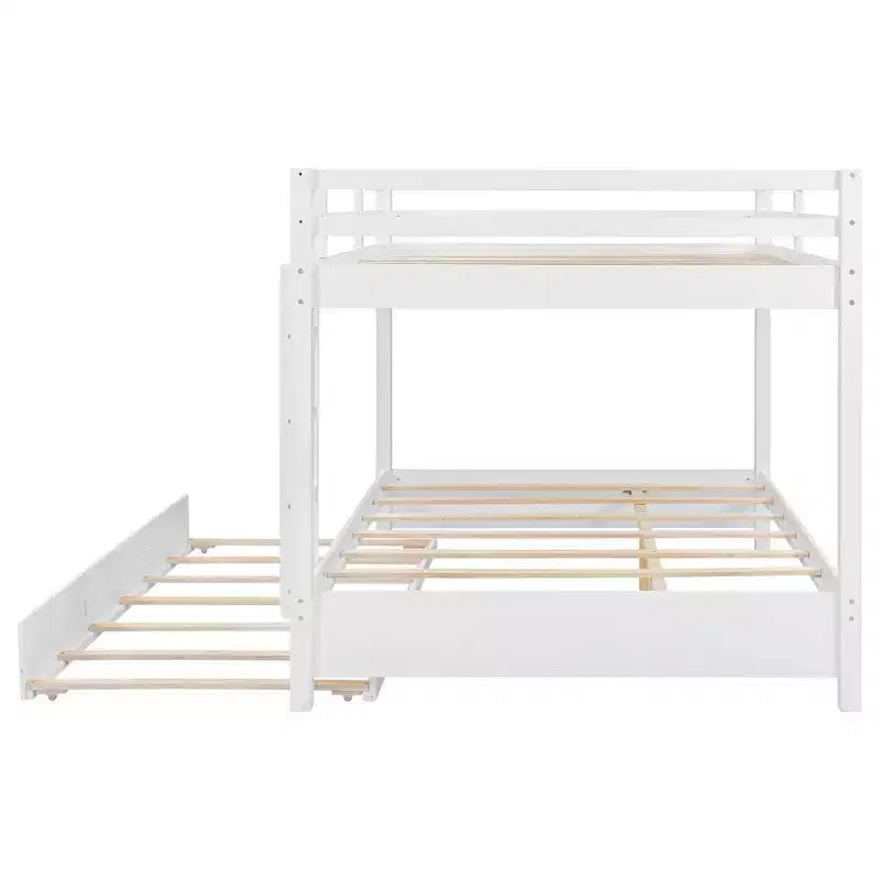 Lit superposé Queen blanc/naturel avec échelle et lit gigogne Twin XL, 3 couchages