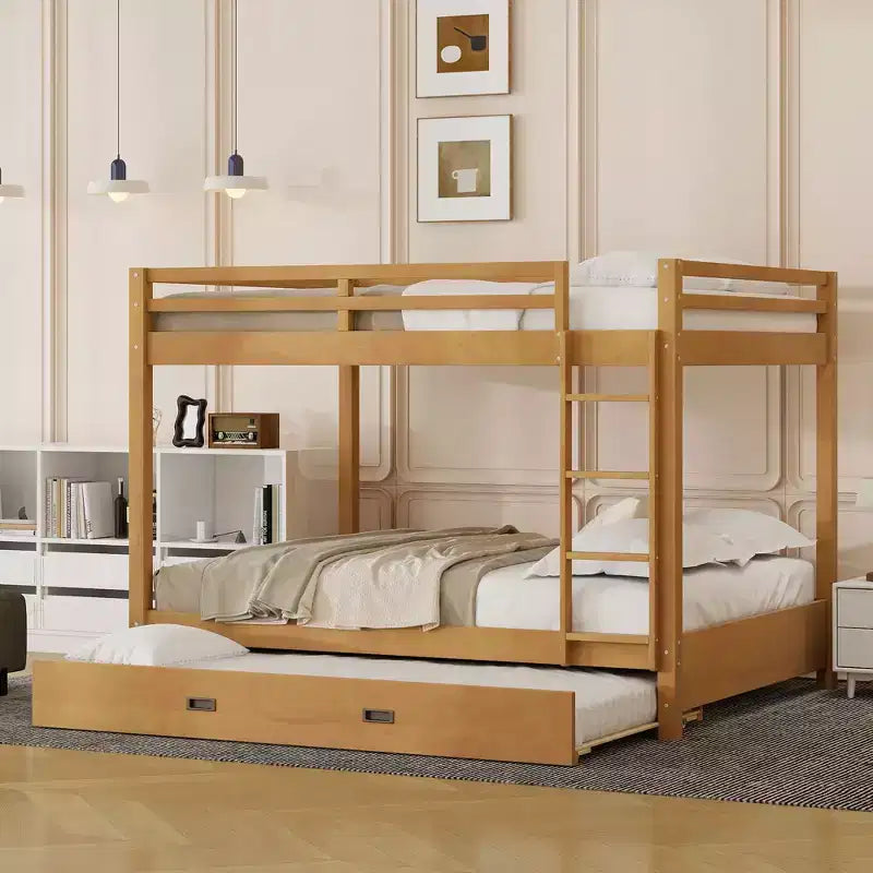 Lit superposé Queen blanc/naturel avec échelle et lit gigogne Twin XL, 3 couchages