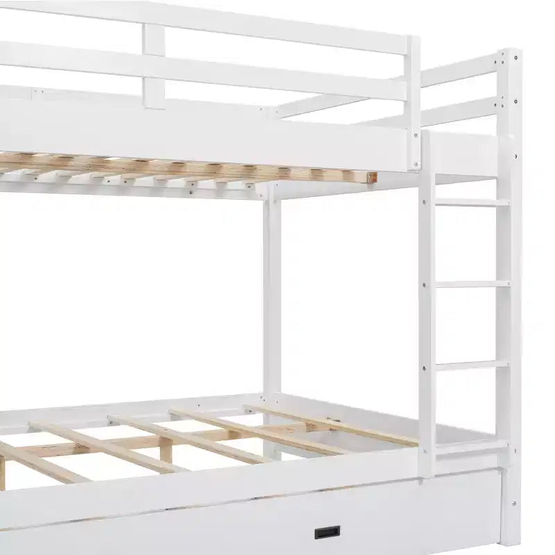 Lit superposé Queen blanc/naturel avec échelle et lit gigogne Twin XL, 3 couchages
