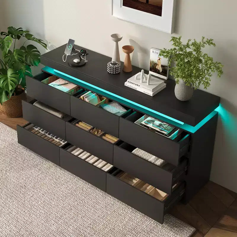 Commode moderne à 9 tiroirs, noir/blanc, simple