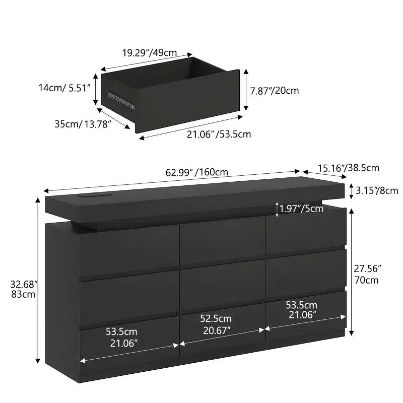 Commode moderne à 9 tiroirs, noir/blanc, simple