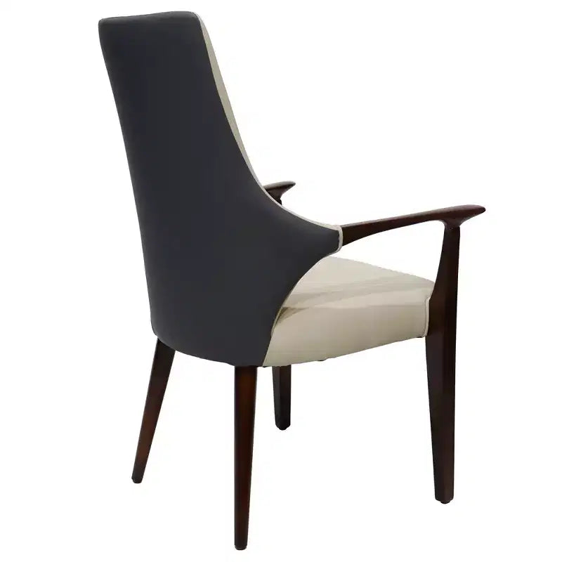 Chaise de salle à manger en cuir gris/taupe à dossier haut de style Mid-Century, avec accoudoirs et pieds en bois – Lot de 2 (1 place par chaise)