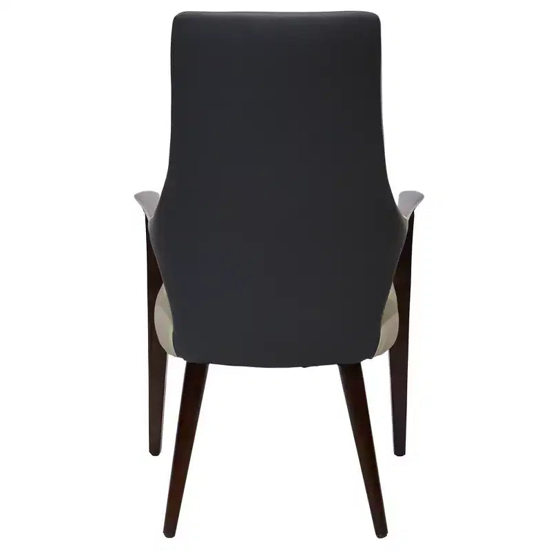 Chaise de salle à manger en cuir gris/taupe à dossier haut de style Mid-Century, avec accoudoirs et pieds en bois – Lot de 2 (1 place par chaise)