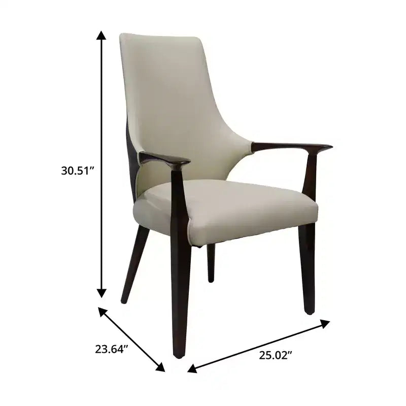 Chaise de salle à manger en cuir gris/taupe à dossier haut de style Mid-Century, avec accoudoirs et pieds en bois – Lot de 2 (1 place par chaise)