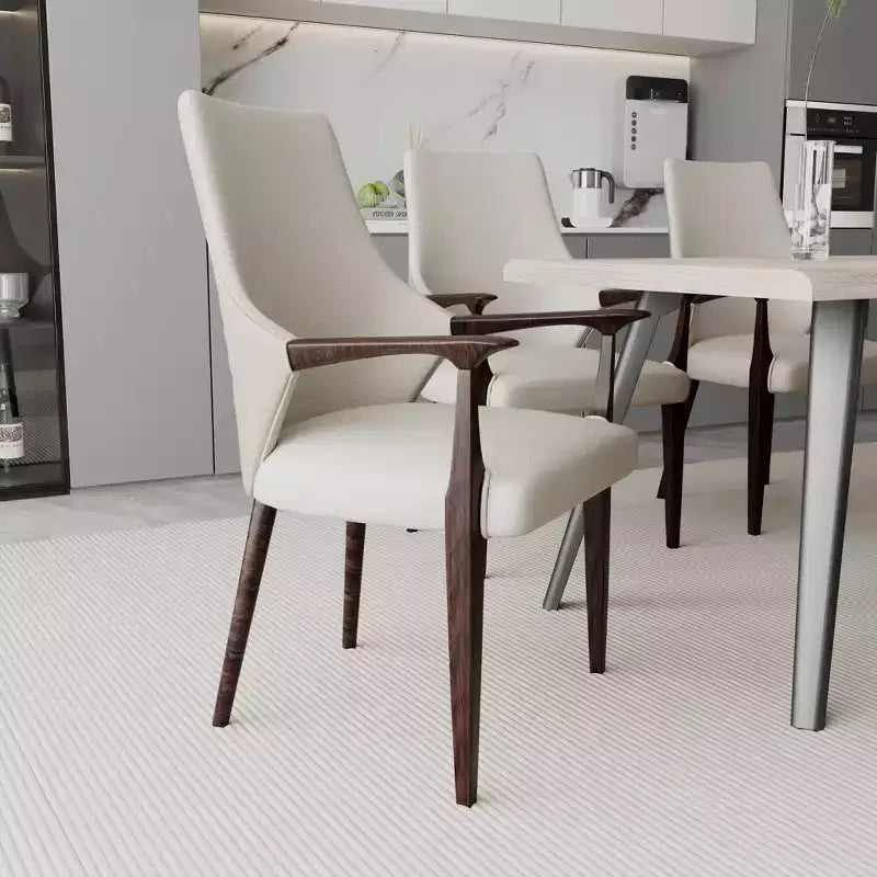 Chaise de salle à manger en cuir gris/taupe à dossier haut de style Mid-Century, avec accoudoirs et pieds en bois – Lot de 2 (1 place par chaise)