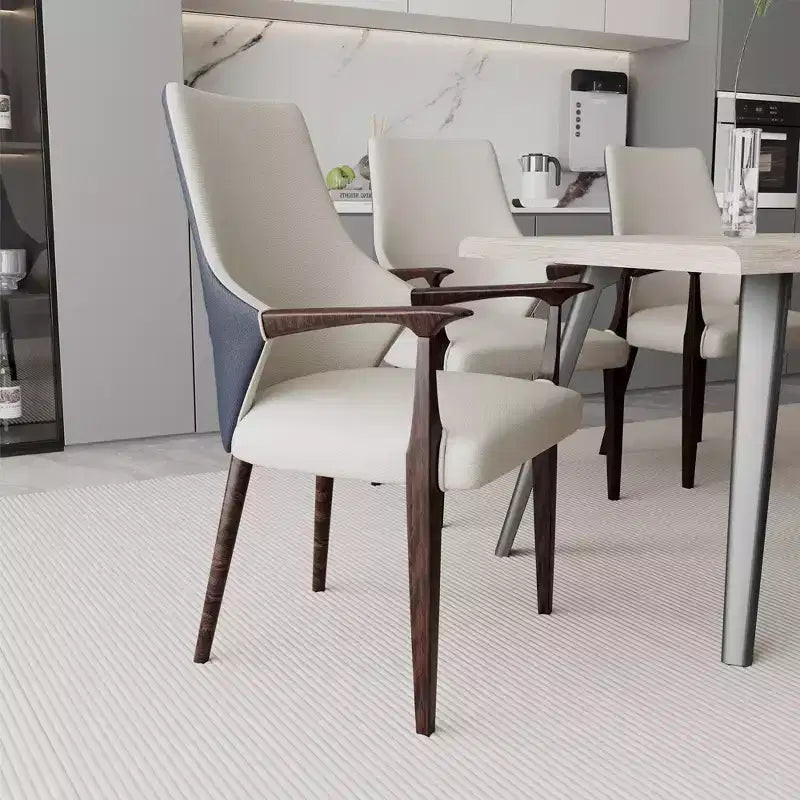 Chaise de salle à manger en cuir gris/taupe à dossier haut de style Mid-Century, avec accoudoirs et pieds en bois – Lot de 2 (1 place par chaise)