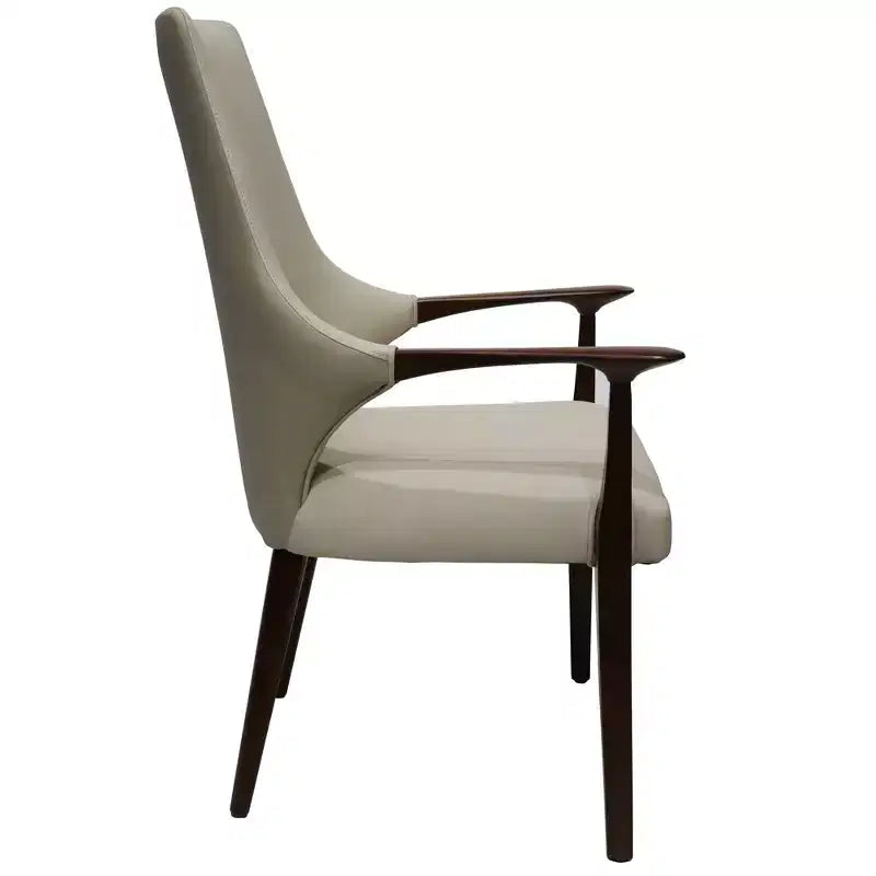 Chaise de salle à manger en cuir gris/taupe à dossier haut de style Mid-Century, avec accoudoirs et pieds en bois – Lot de 2 (1 place par chaise)