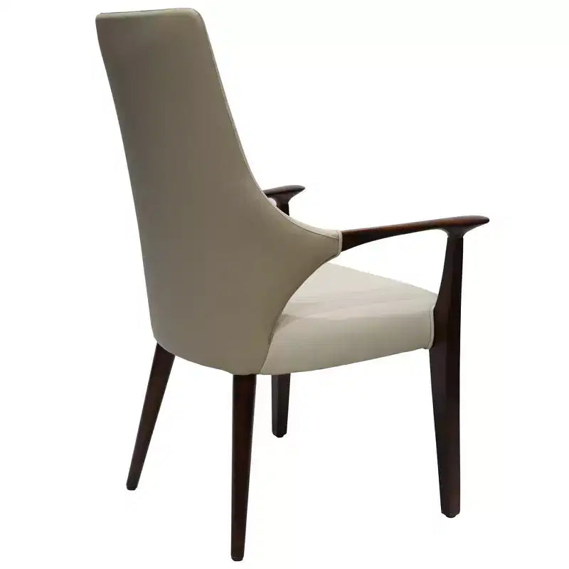 Chaise de salle à manger en cuir gris/taupe à dossier haut de style Mid-Century, avec accoudoirs et pieds en bois – Lot de 2 (1 place par chaise)