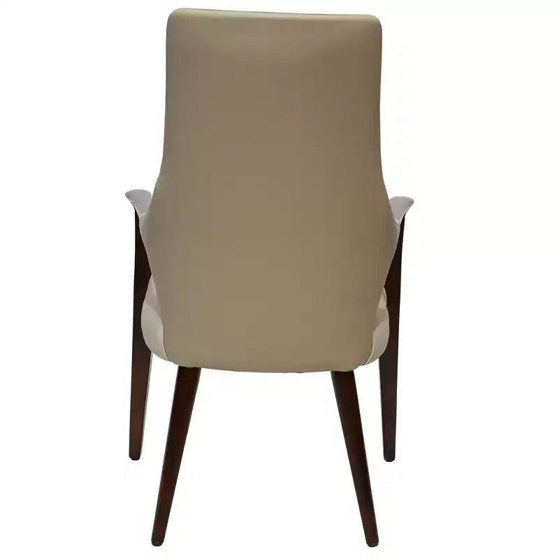 Chaise de salle à manger en cuir gris/taupe à dossier haut de style Mid-Century, avec accoudoirs et pieds en bois – Lot de 2 (1 place par chaise)