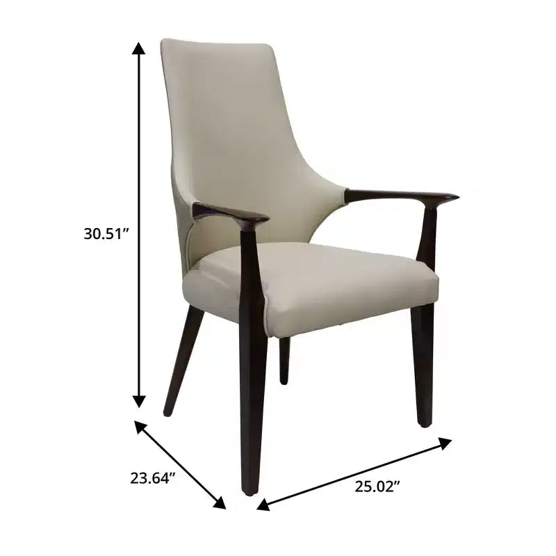 Chaise de salle à manger en cuir gris/taupe à dossier haut de style Mid-Century, avec accoudoirs et pieds en bois – Lot de 2 (1 place par chaise)