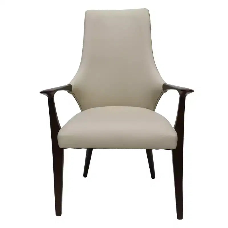 Chaise de salle à manger en cuir gris/taupe à dossier haut de style Mid-Century, avec accoudoirs et pieds en bois – Lot de 2 (1 place par chaise)