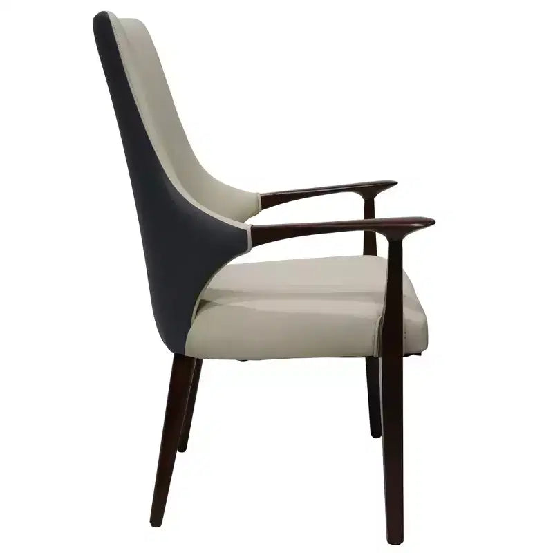 Chaise de salle à manger en cuir gris/taupe à dossier haut de style Mid-Century, avec accoudoirs et pieds en bois – Lot de 2 (1 place par chaise)
