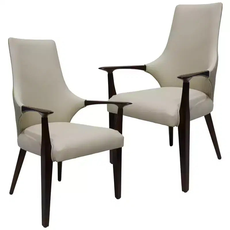 Chaise de salle à manger en cuir gris/taupe à dossier haut de style Mid-Century, avec accoudoirs et pieds en bois – Lot de 2 (1 place par chaise)