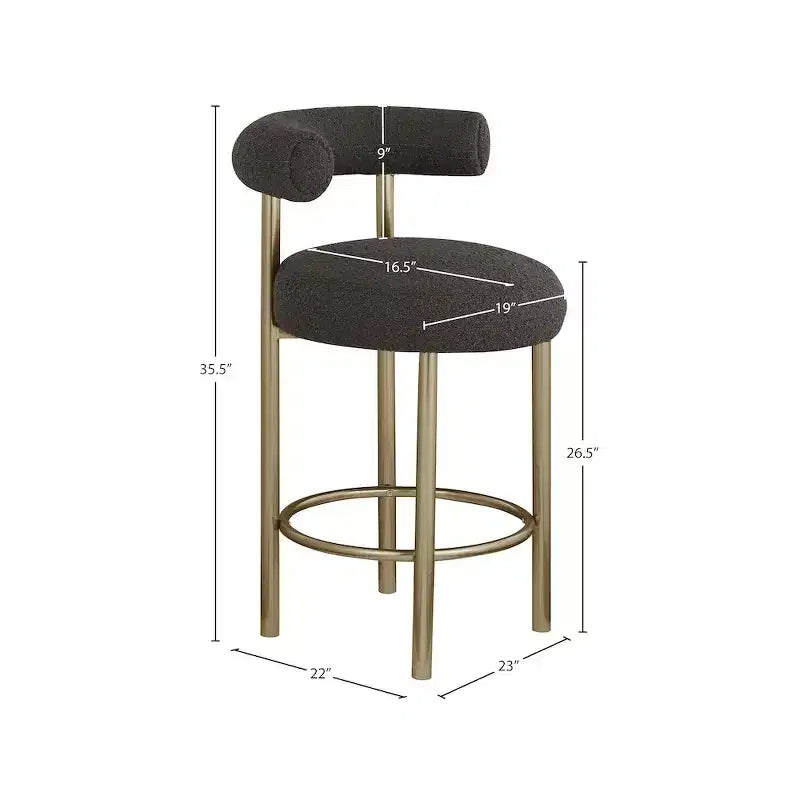 Tabouret de bar dossier bas en tissu bouclette marron avec accoudoirs, lot de 2
