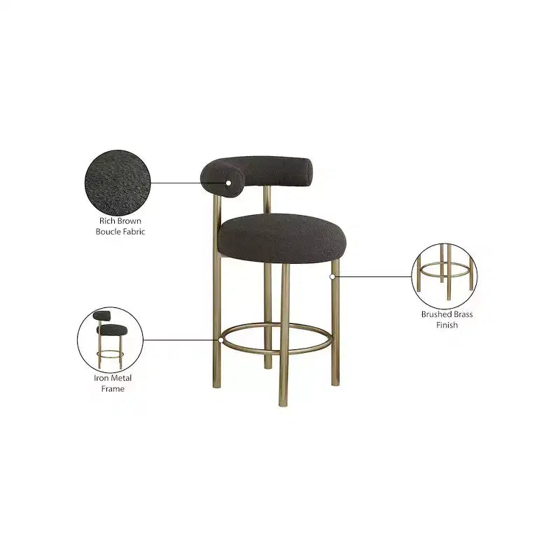 Tabouret de bar dossier bas en tissu bouclette marron avec accoudoirs, lot de 2