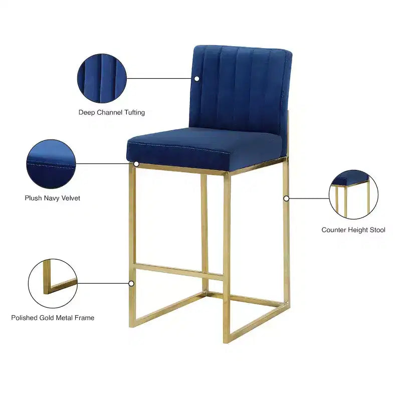 Meridian Furniture, Tabouret Giselle Velours Bleu Marine