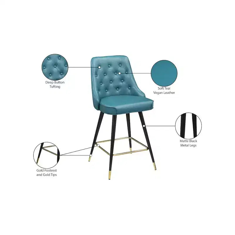Tabouret de comptoir en similicuir sarcelle, sans accoudoirs, dossier mi-hauteur, lot de 2