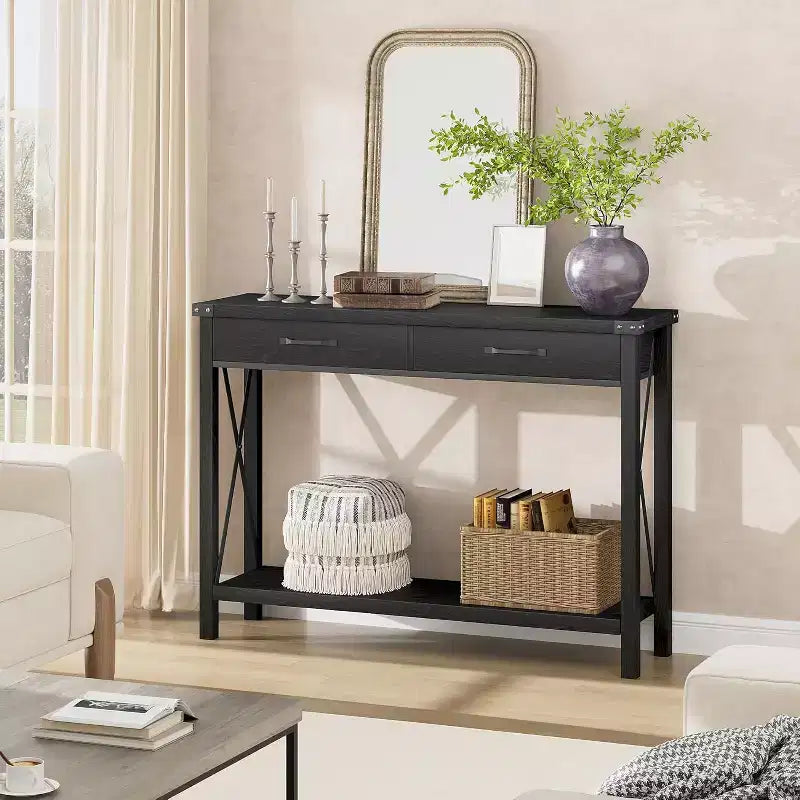 Farmhouse Console Table with 2 Drawers and Storage Shelf, Wood Sofa Table for Entryway, Living Room, Hallway, and Foyer