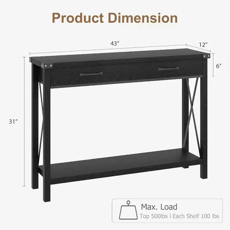 Console noire de style rustique avec 2 tiroirs et étagère inférieure, 1 pièce