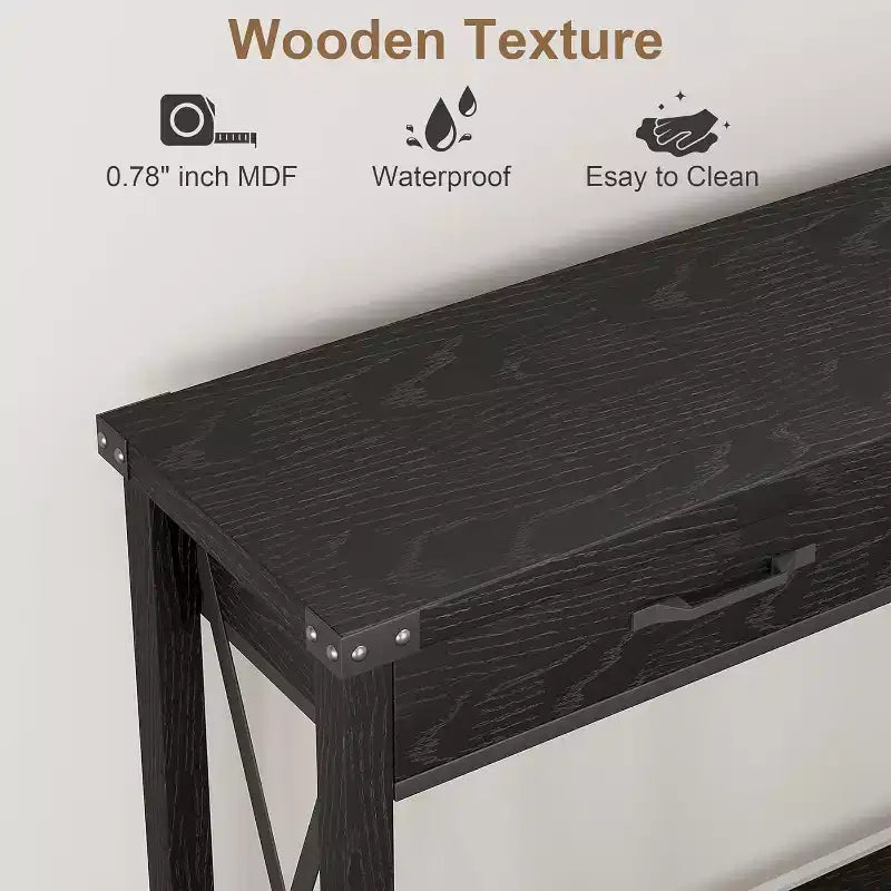 Console noire de style rustique avec 2 tiroirs et étagère inférieure, 1 pièce