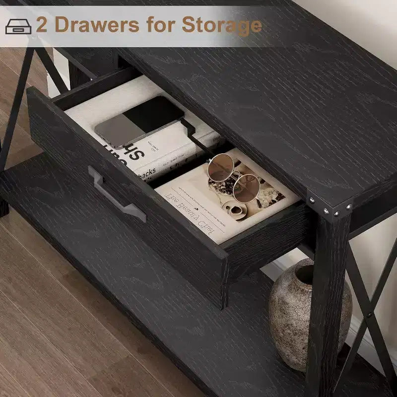 Console noire de style rustique avec 2 tiroirs et étagère inférieure, 1 pièce
