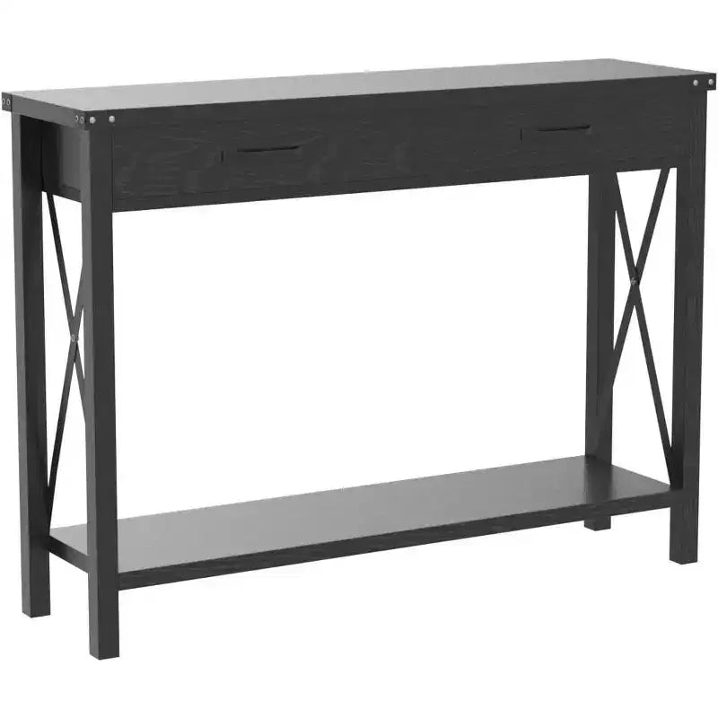 Console noire de style rustique avec 2 tiroirs et étagère inférieure, 1 pièce