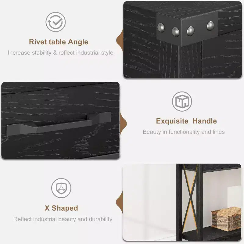 Console noire de style rustique avec 2 tiroirs et étagère inférieure, 1 pièce