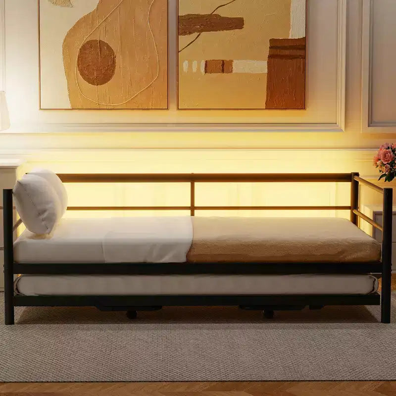 Lit de repos double en métal noir/blanc avec lumières LED et lit gigogne relevable, 2 couchages