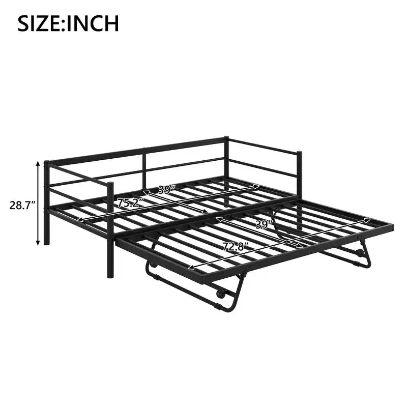 Lit de repos double en métal noir/blanc avec lumières LED et lit gigogne relevable, 2 couchages