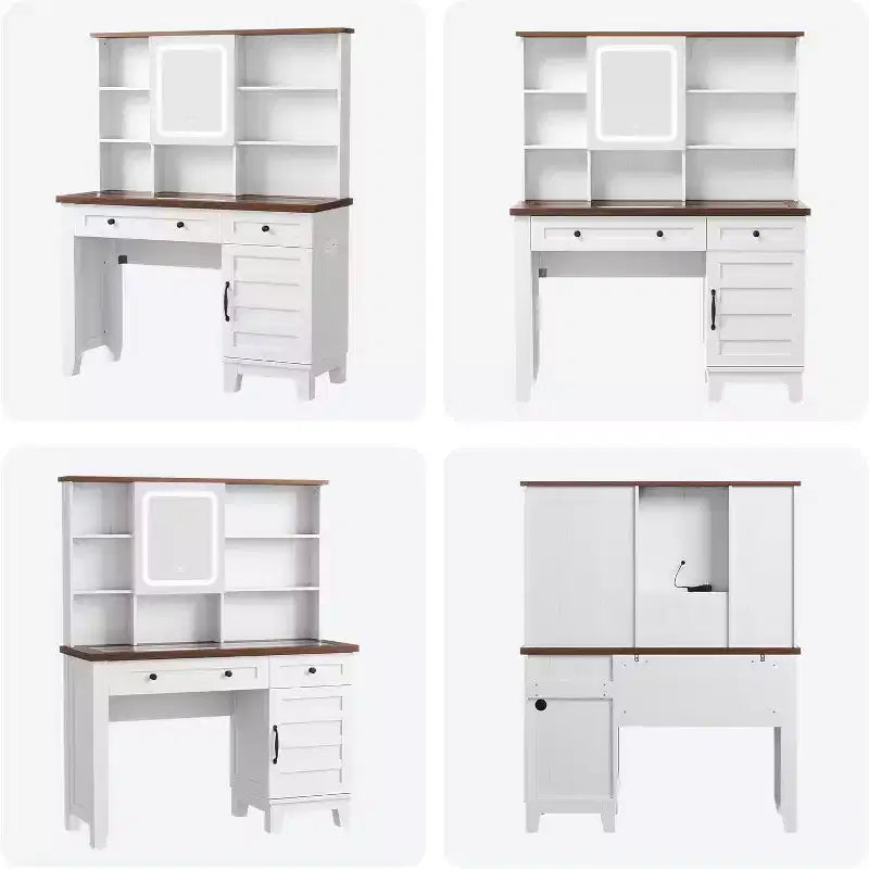 Coiffeuse de ferme marron / marron et blanc / blanc avec miroir, LED et tabouret, 1 personne