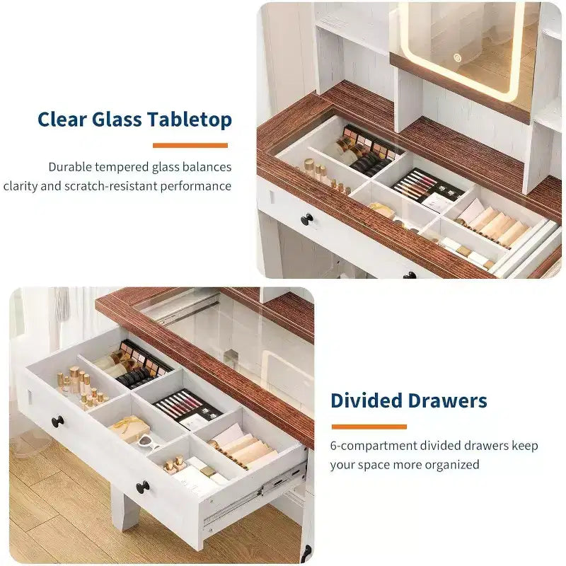 Coiffeuse de ferme marron / marron et blanc / blanc avec miroir, LED et tabouret, 1 personne