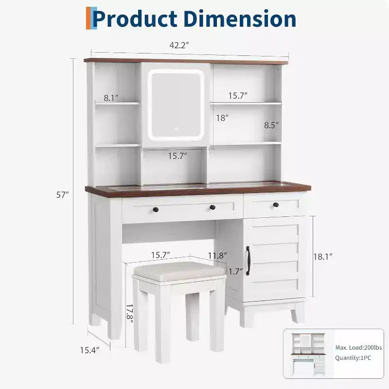Coiffeuse de ferme marron / marron et blanc / blanc avec miroir, LED et tabouret, 1 personne
