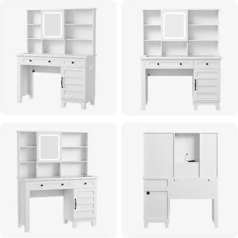 Coiffeuse de ferme marron / marron et blanc / blanc avec miroir, LED et tabouret, 1 personne