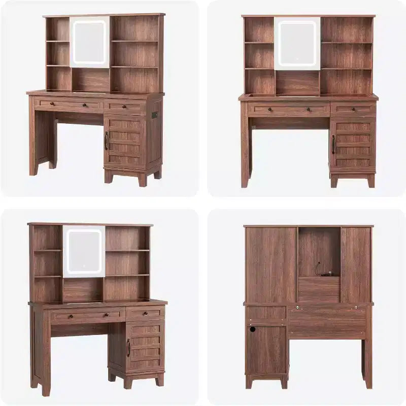 Coiffeuse de ferme marron / marron et blanc / blanc avec miroir, LED et tabouret, 1 personne