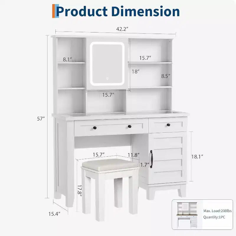 Coiffeuse de ferme marron / marron et blanc / blanc avec miroir, LED et tabouret, 1 personne