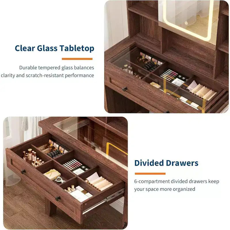 Coiffeuse de ferme marron / marron et blanc / blanc avec miroir, LED et tabouret, 1 personne