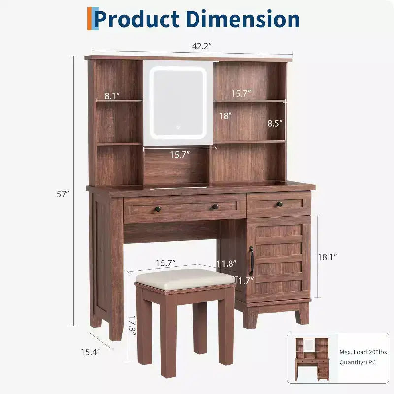 Coiffeuse de ferme marron / marron et blanc / blanc avec miroir, LED et tabouret, 1 personne