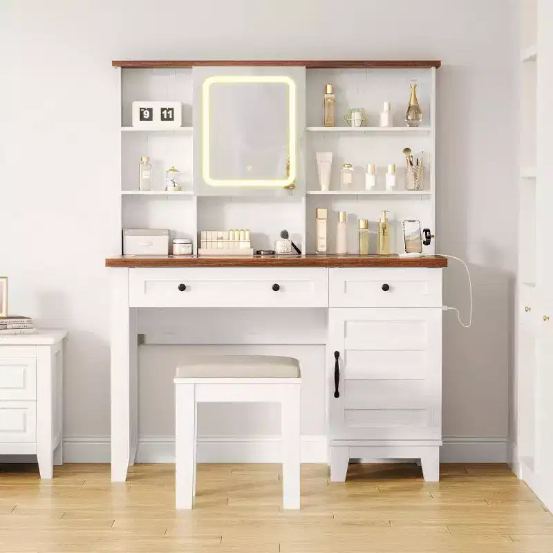 Coiffeuse de ferme marron / marron et blanc / blanc avec miroir, LED et tabouret, 1 personne
