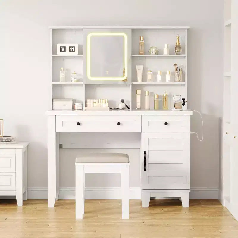 Coiffeuse de ferme marron / marron et blanc / blanc avec miroir, LED et tabouret, 1 personne