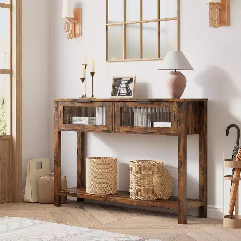 Console double plateau avec 2 tiroirs en verre – Noir / Marron / Bois