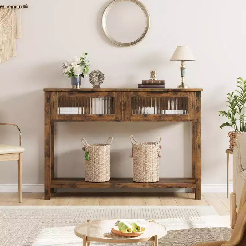 Console double plateau avec 2 tiroirs en verre – Noir / Marron / Bois
