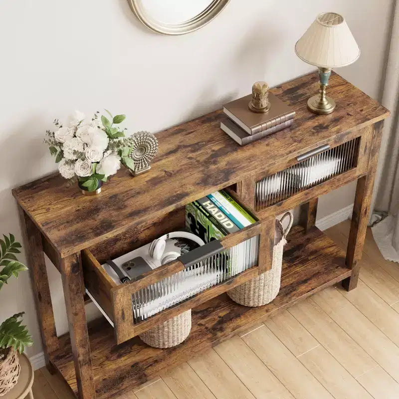 Console double plateau avec 2 tiroirs en verre – Noir / Marron / Bois