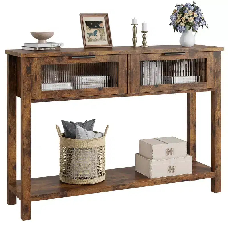 Console double plateau avec 2 tiroirs en verre – Noir / Marron / Bois