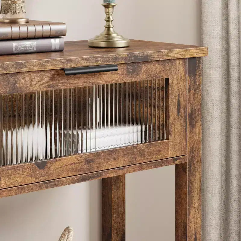 Console double plateau avec 2 tiroirs en verre – Noir / Marron / Bois