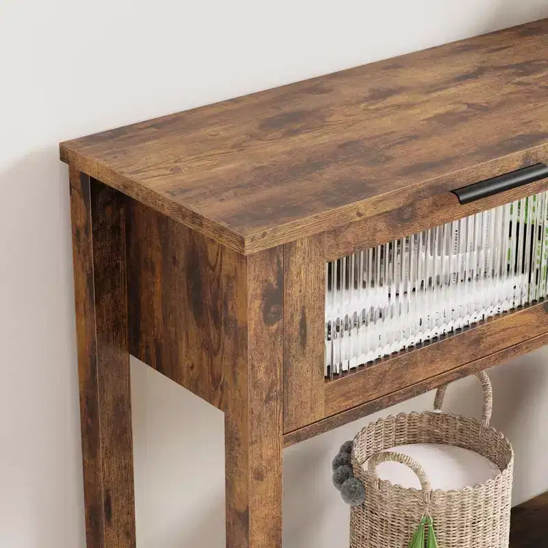 Console double plateau avec 2 tiroirs en verre – Noir / Marron / Bois