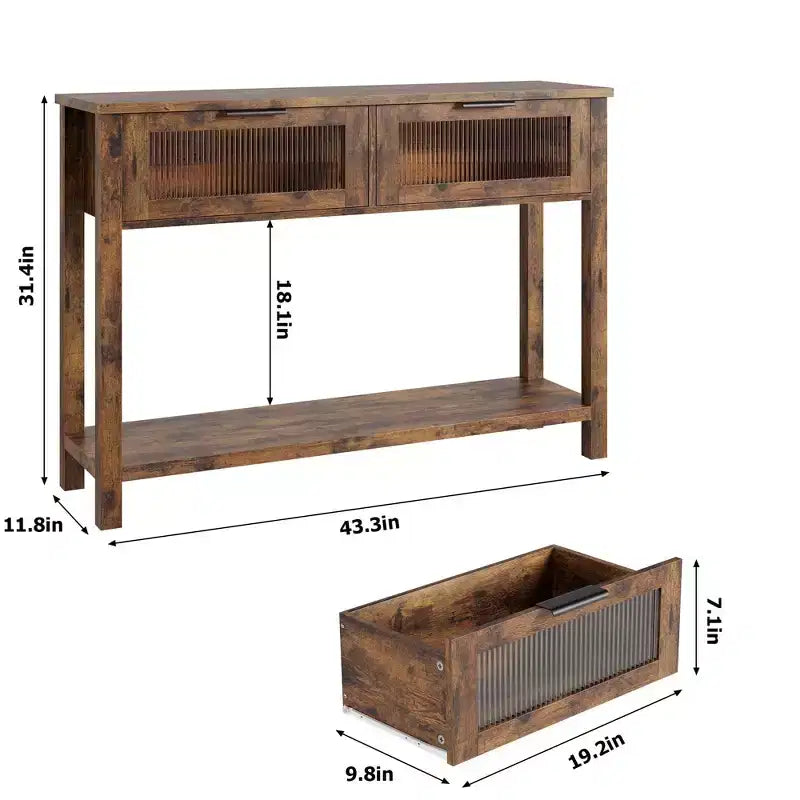 Console double plateau avec 2 tiroirs en verre – Noir / Marron / Bois