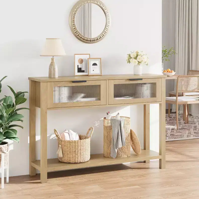 Console double plateau avec 2 tiroirs en verre – Noir / Marron / Bois