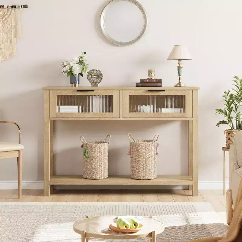 Console double plateau avec 2 tiroirs en verre – Noir / Marron / Bois